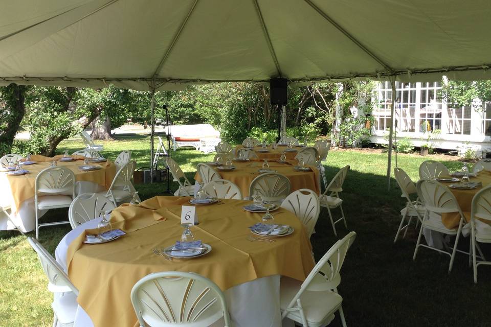 Sound system for music & announcements in a tent at the Curtis House in Ashfield MA.