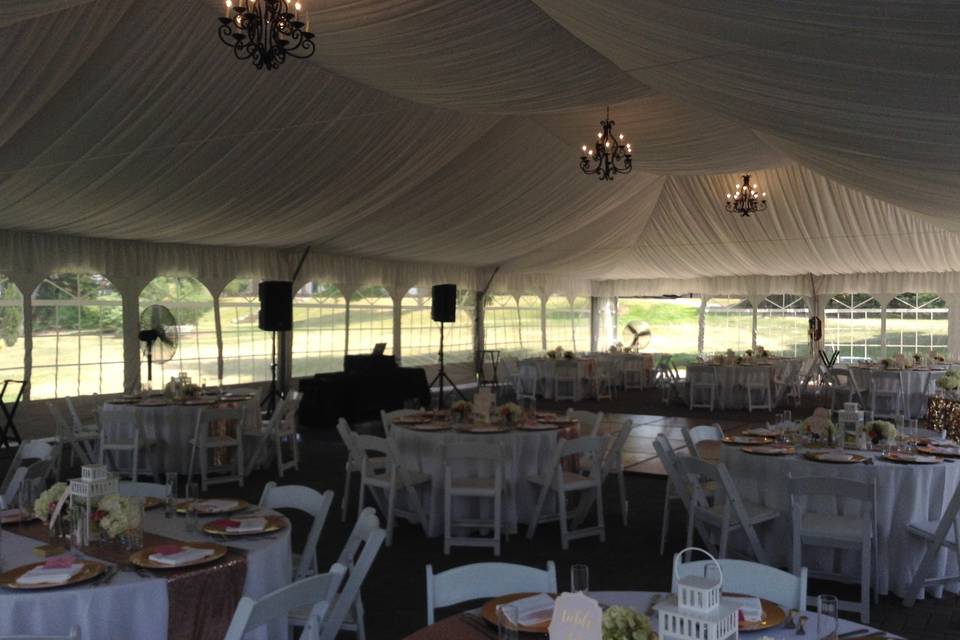 Wedding Reception at the Lord Jeffrey Inn in Amherst, MA.  This is a beautiful tent with some classic chandelier lighting.