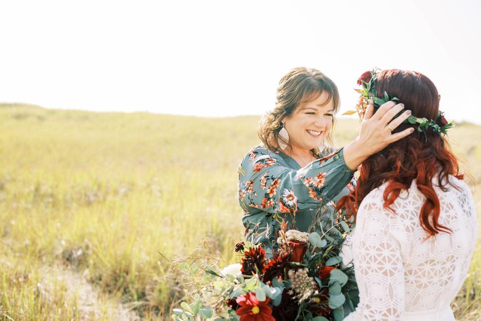 Mom and bride getting ready