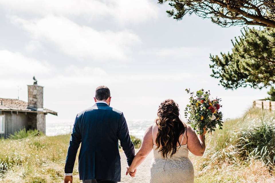 Bride and groom walking