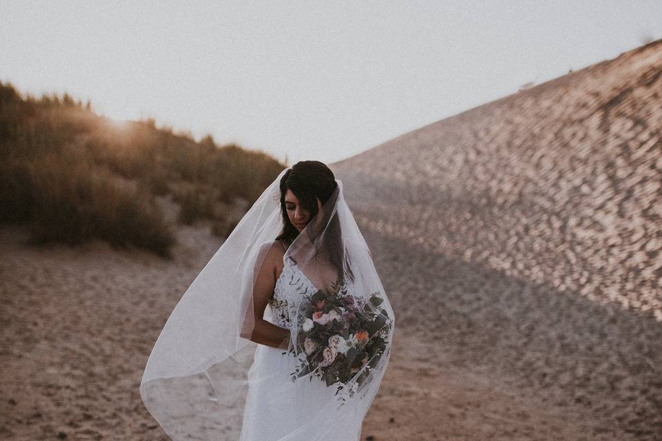 Bride with veil blowing