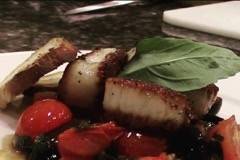 Sear sea scallops, tomato basil, and kalamata olives relish