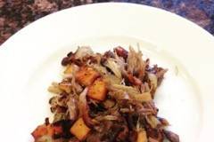 Pulled pork hash with diced potatoes and sweet potatoes