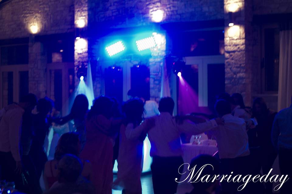 Marriageday weddings set up, with djbooth(facade), scrims for lighting stands, 4 intelligent moving heads and uplights