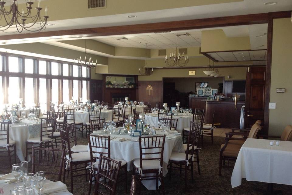 Navy overlays and chair sashes.  November reception