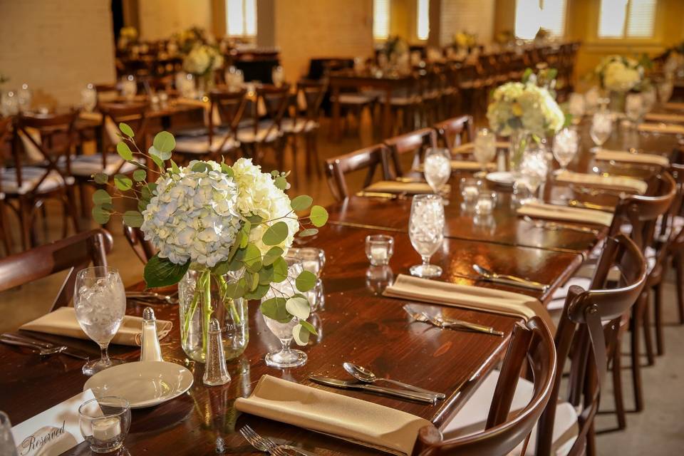 Hydrangeas and rustic tables