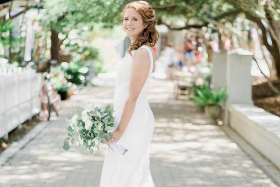 Woman posing in wedding dress