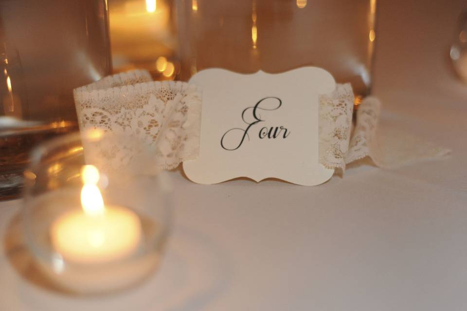 table numbers- simple but beautiful...elegant lettering and lace ribbon
