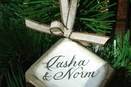 This is a Christmas ornament that I offer in my Etsy shop. It's great to commemorrate your wedding. Here is the link if you'd like to check it out.http://www.etsy.com/listing/86480591/personalized-vintage-style-wedding