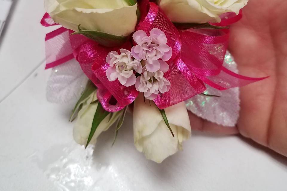 White mini roses and hot pink ribbon corsage and b in Myrtle Beach SC - La  Zelle's Flower Shop