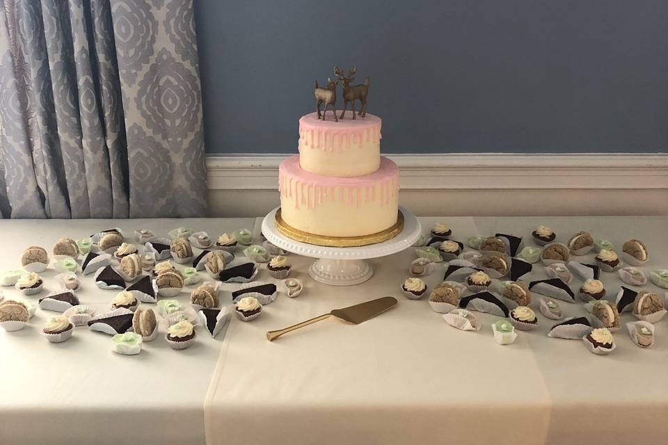 Cutting cake and mini desserts