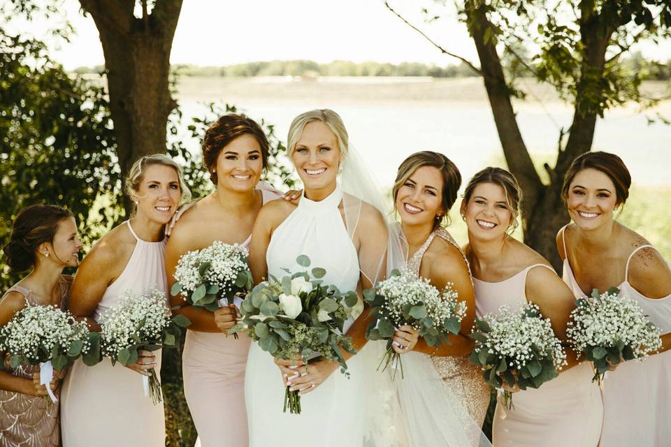 Pink Rose and Baby's Breath Bridesmaid Bouquets