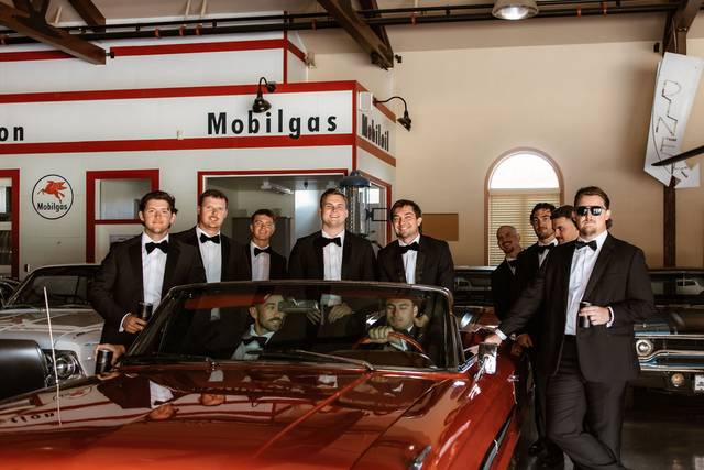 Groomsmen in Car Museum