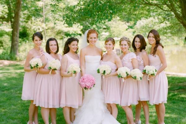 Pink bridesmaid dresses for young girls.