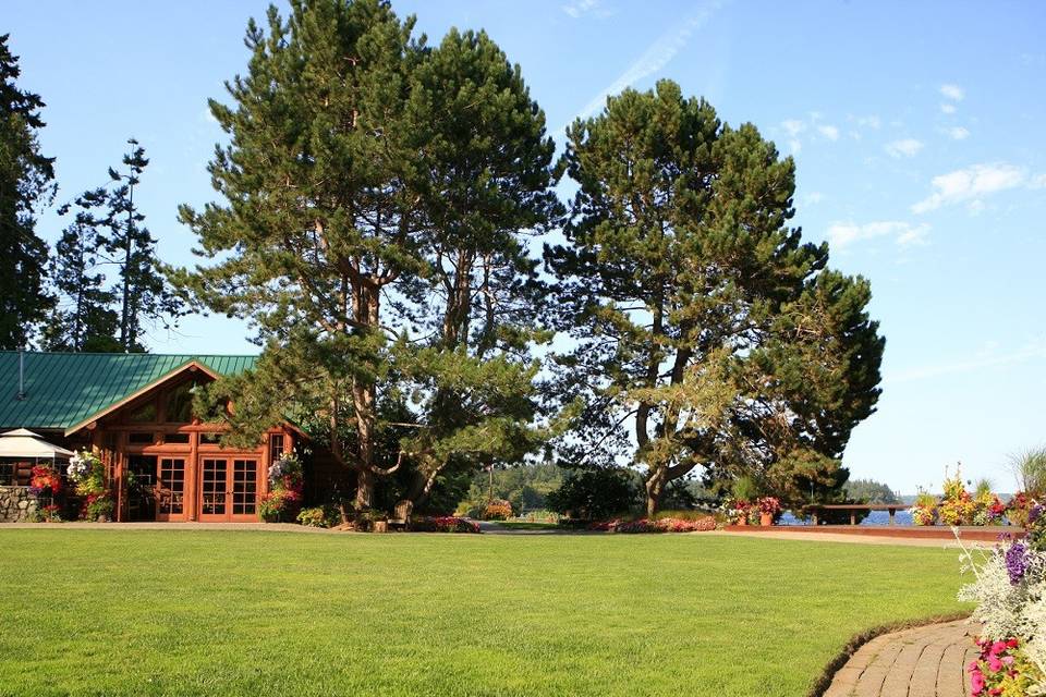 Lush lawns and towering trees