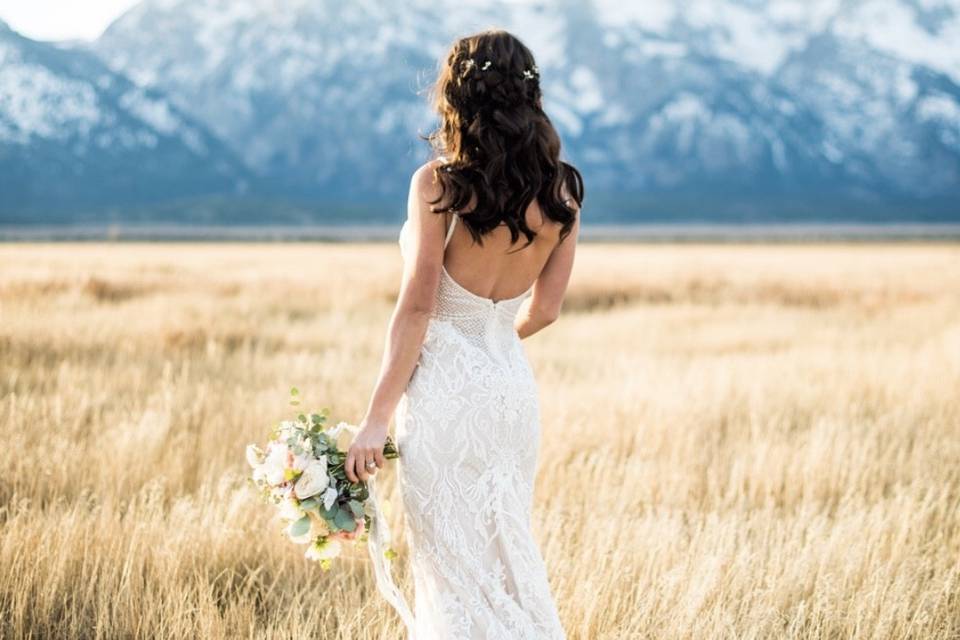 Bride with mountains in the distance