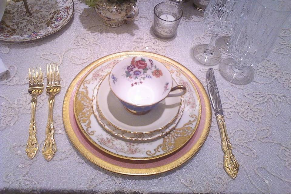 Gold Cutlery with Gold and Pink Mismatched Vintage Fine China