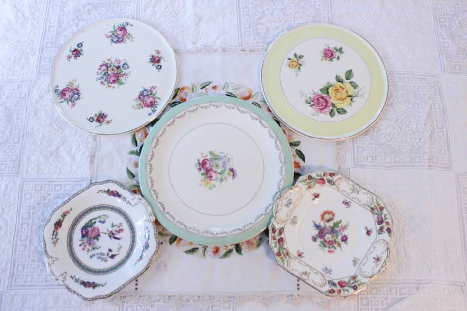 Serving pieces from our collection of Vintage Mismatched Fine China