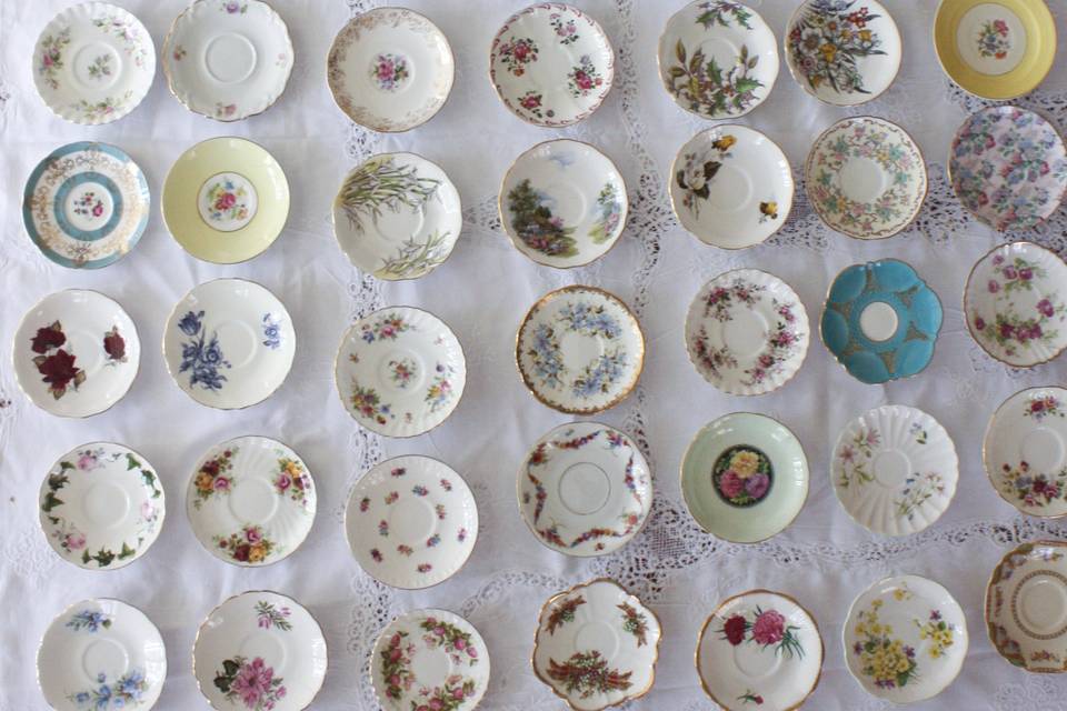 Gorgeous display of some of our 300 saucers all Vintage Mismatched and great quality