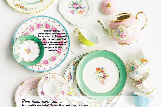 An Editorial on Vintage China featured in Occasions Magazine. All the china pictured is from our collection of Vintage Mismatched Fine China.