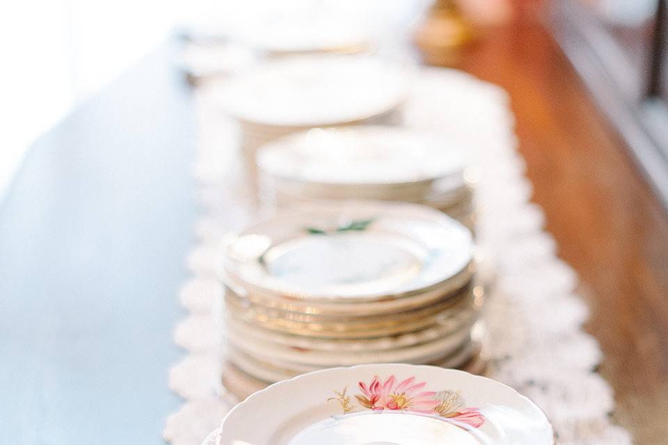 Stacked cake plates ready for wedding cake