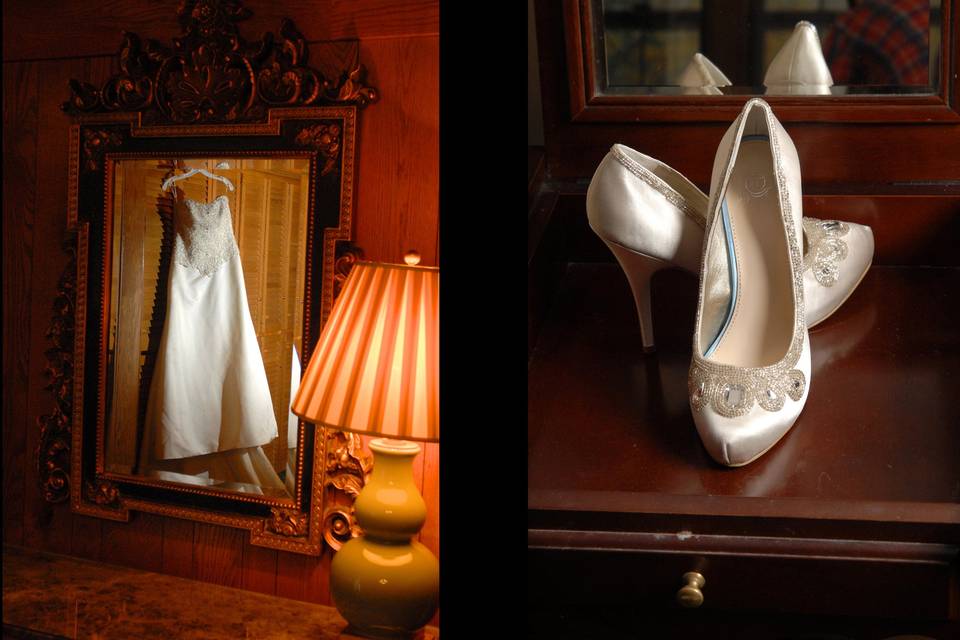 Details of a Detroit wedding dress and the bride's shoes at Wellers in Saline, Michigan.