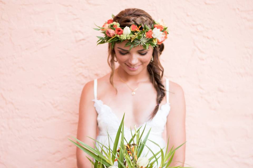 Lovely bride with bouquet and flower crown
