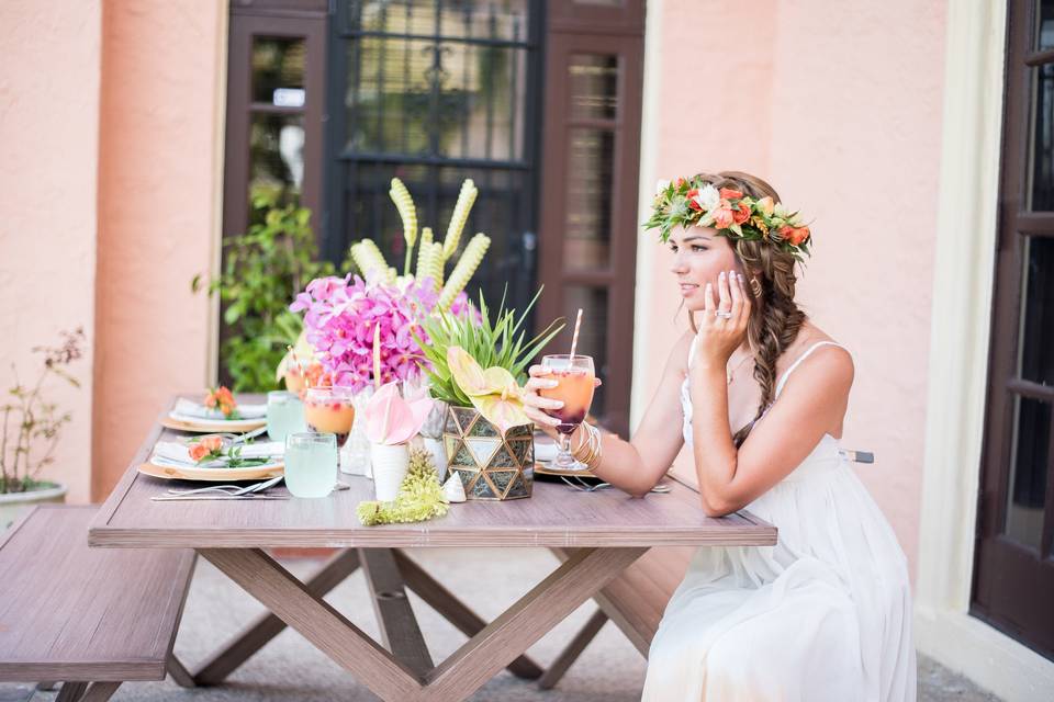 Flower decors on the wooden table