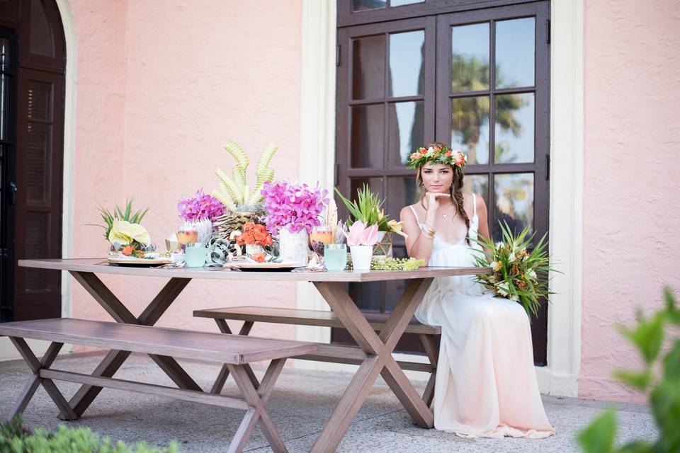 Flower decors on the wooden table