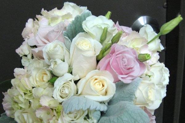 Bridal bouquet of hydrangea, pink and white roses, sweetheart roses, lisianthus and dusty miller