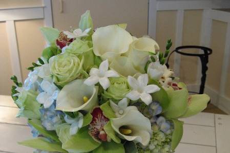 Bridal bouqet of calla lilies, orchids, hydrangea, roses and stephanotis