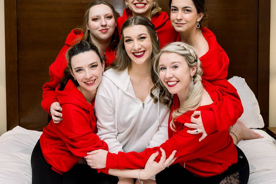 Bridesmaids in red