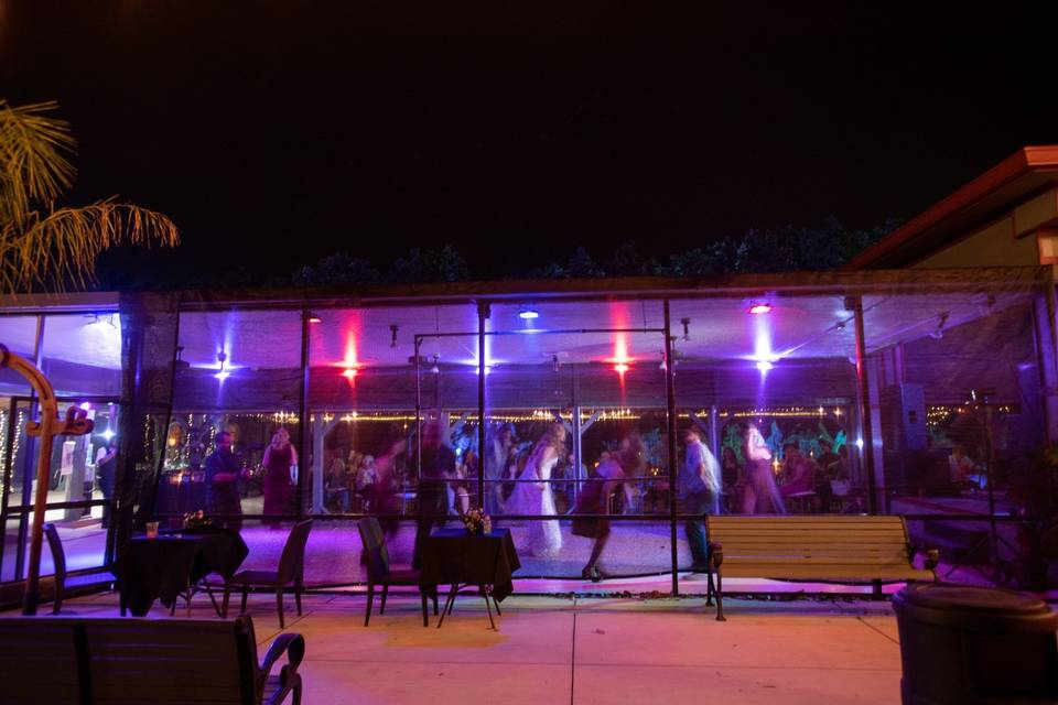 Outdoor venue lit at night