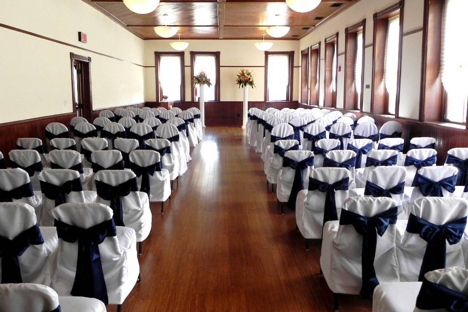 The Twiford Room on the third floor set for a beautiful wedding ceremony that would lead into the reception in the Maguire Theater on the second floor. The natural lighting in this room is absolutely stunning.