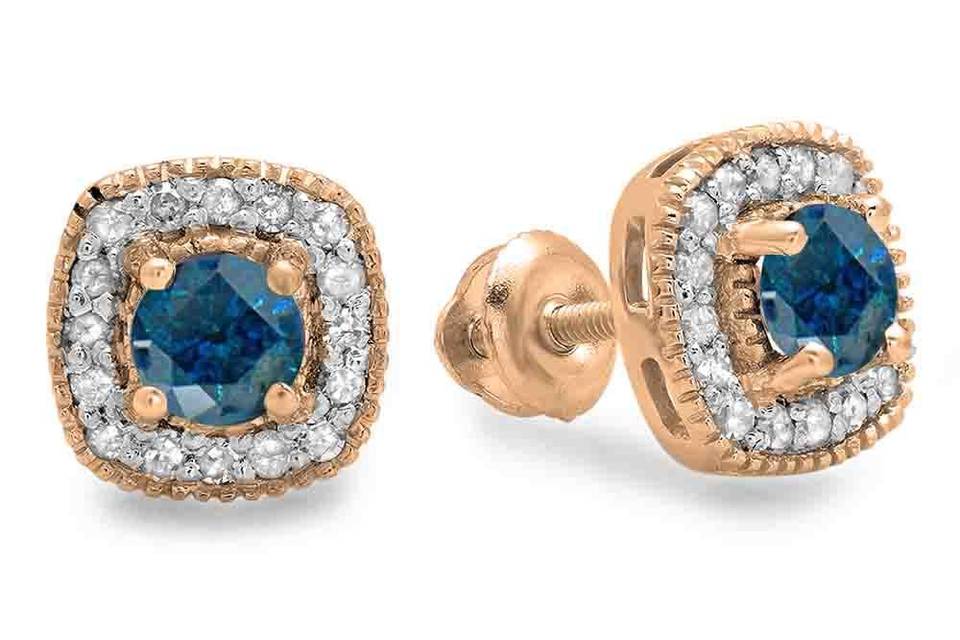 Rose gold round cut blue & white diamond ladies halo stud earrings