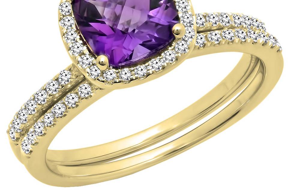 Yellow gold cushion cut amethyst & round cut white diamond engagement ring