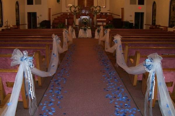 Blue and white isle...using tulle, a few beautiful bows and lots of rose petals!