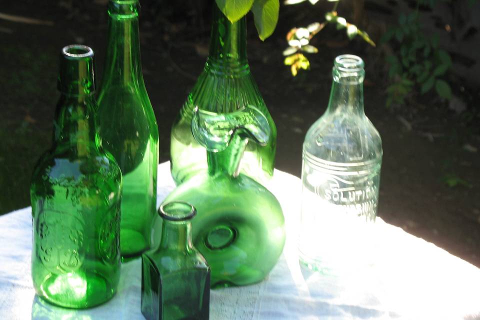 Vintage Colored Bottles, Vases, Vintage Wedding Rentals