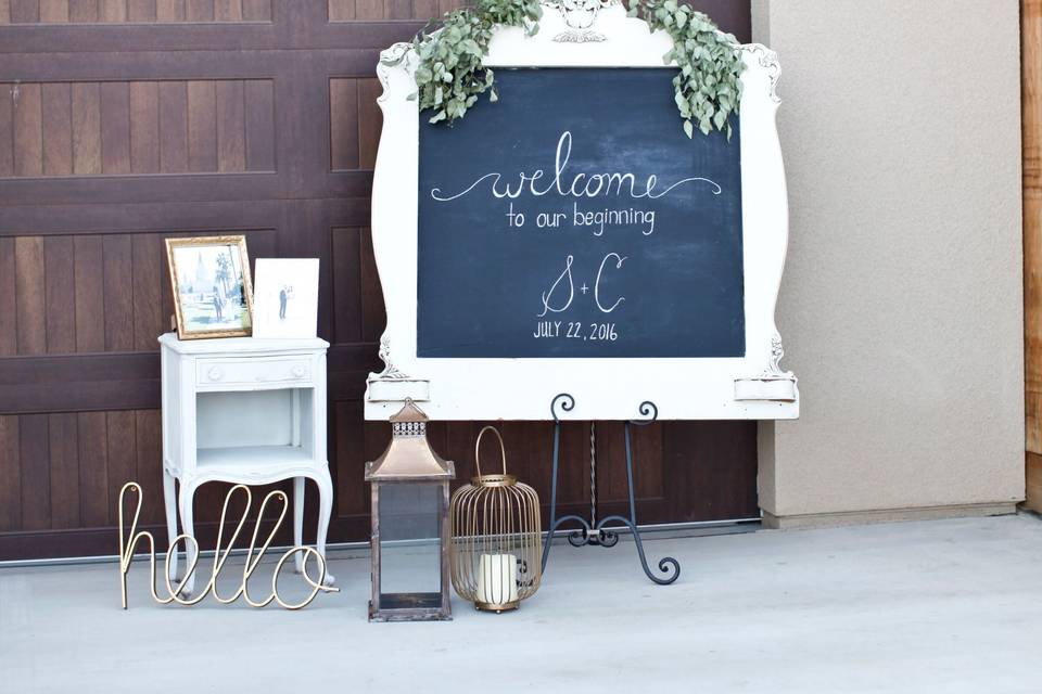 Giant Vintage Shabby White Chalkboard and Side Table @sweetlifevintagerentals