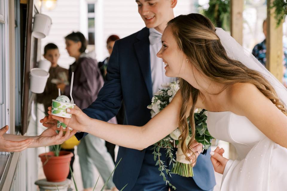 Bride and groom get ice cream