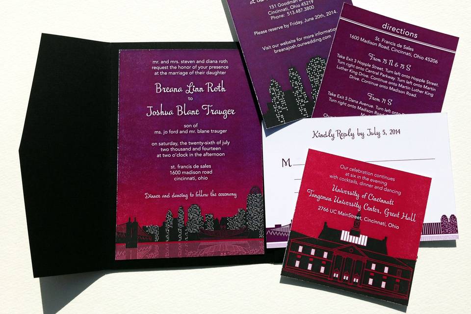 This invitations showcases the romantic beauty of Cincinnati, OH and specifically the University of Cincinnati where the reception was held.