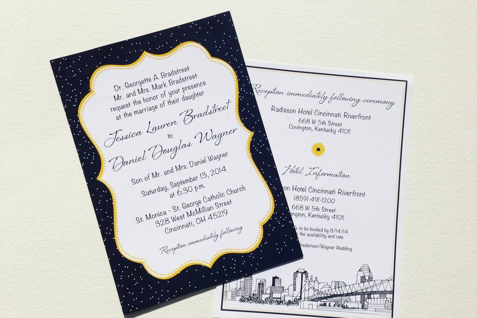 An invitation showcasing Cincinnati, OH under the stars