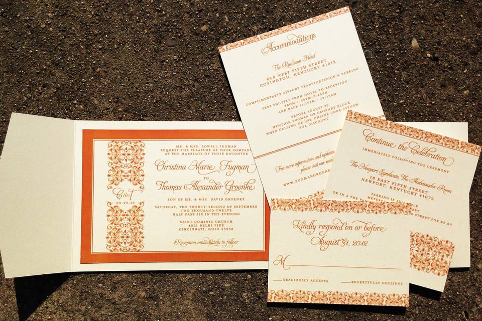 Classic monogrammed wedding invitation, accommodation, reception and RSVP cards