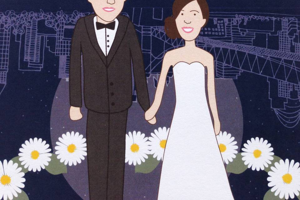 Uniquely Yours, custom drawn bride and groom