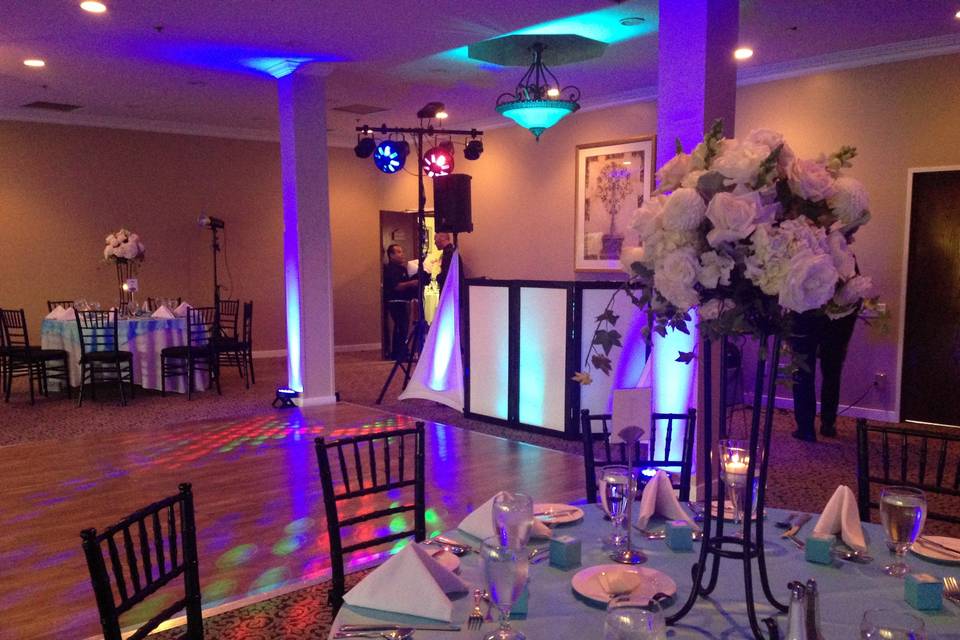 Elegant, Beautiful DJ set up, lighting uplight, centerpieces