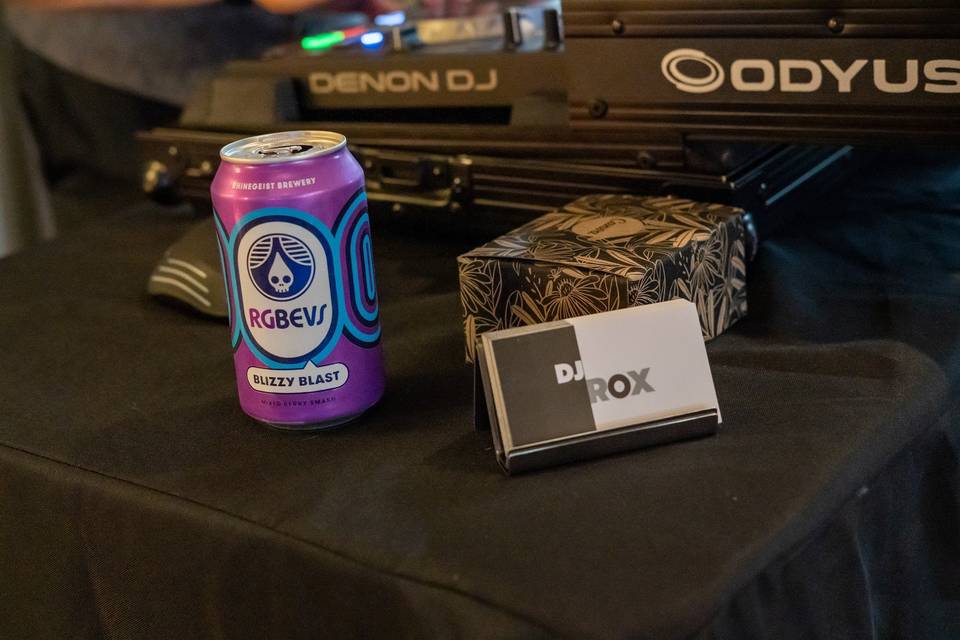 Biz cards and a beverage
