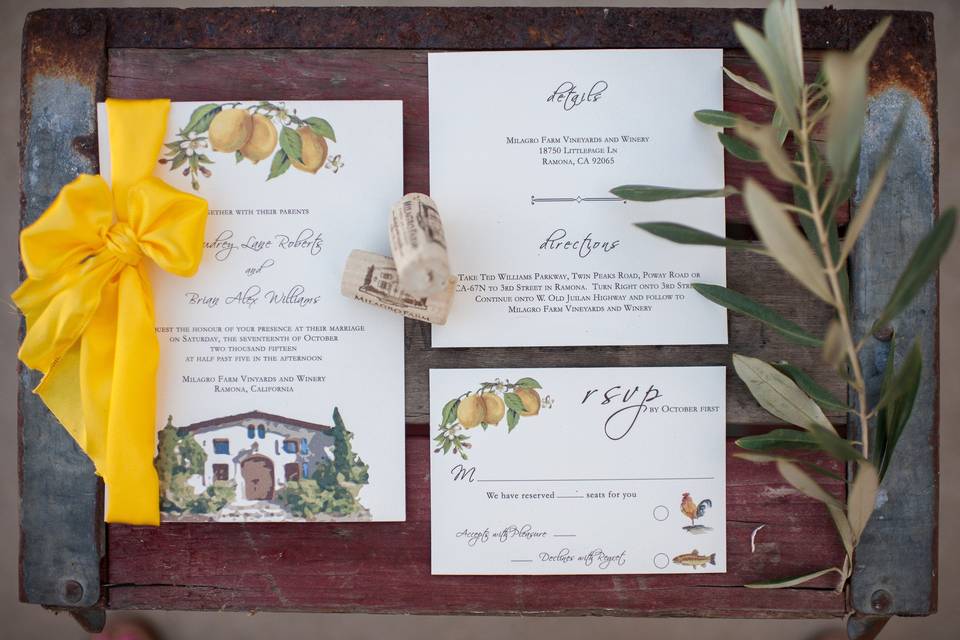 Tuscan watercolor inspired wedding invitations