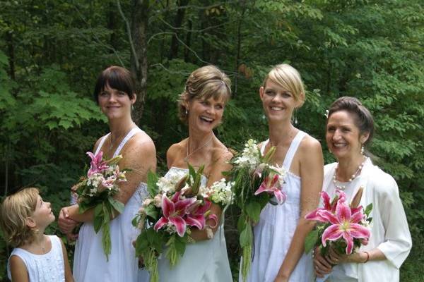 Over the arm bouquet with green hanging amaranthus