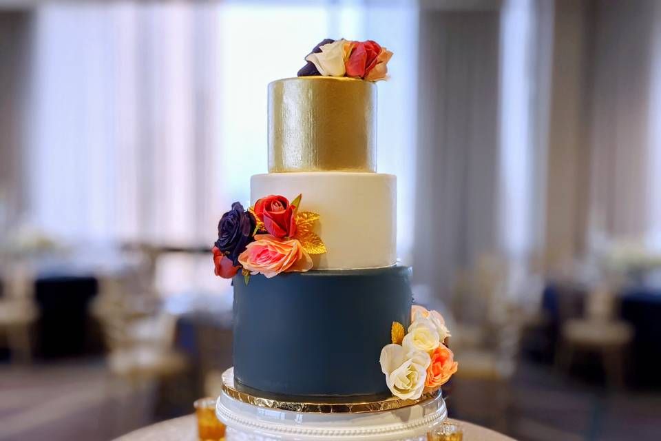 Navy and gold with blush flora
