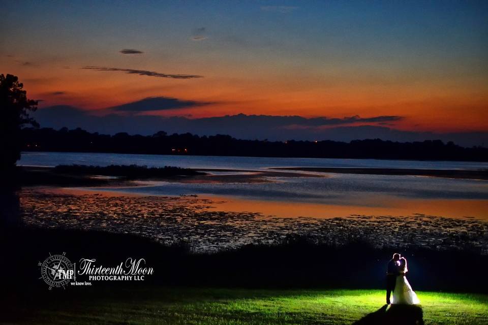 Standing on the lawn at sunset